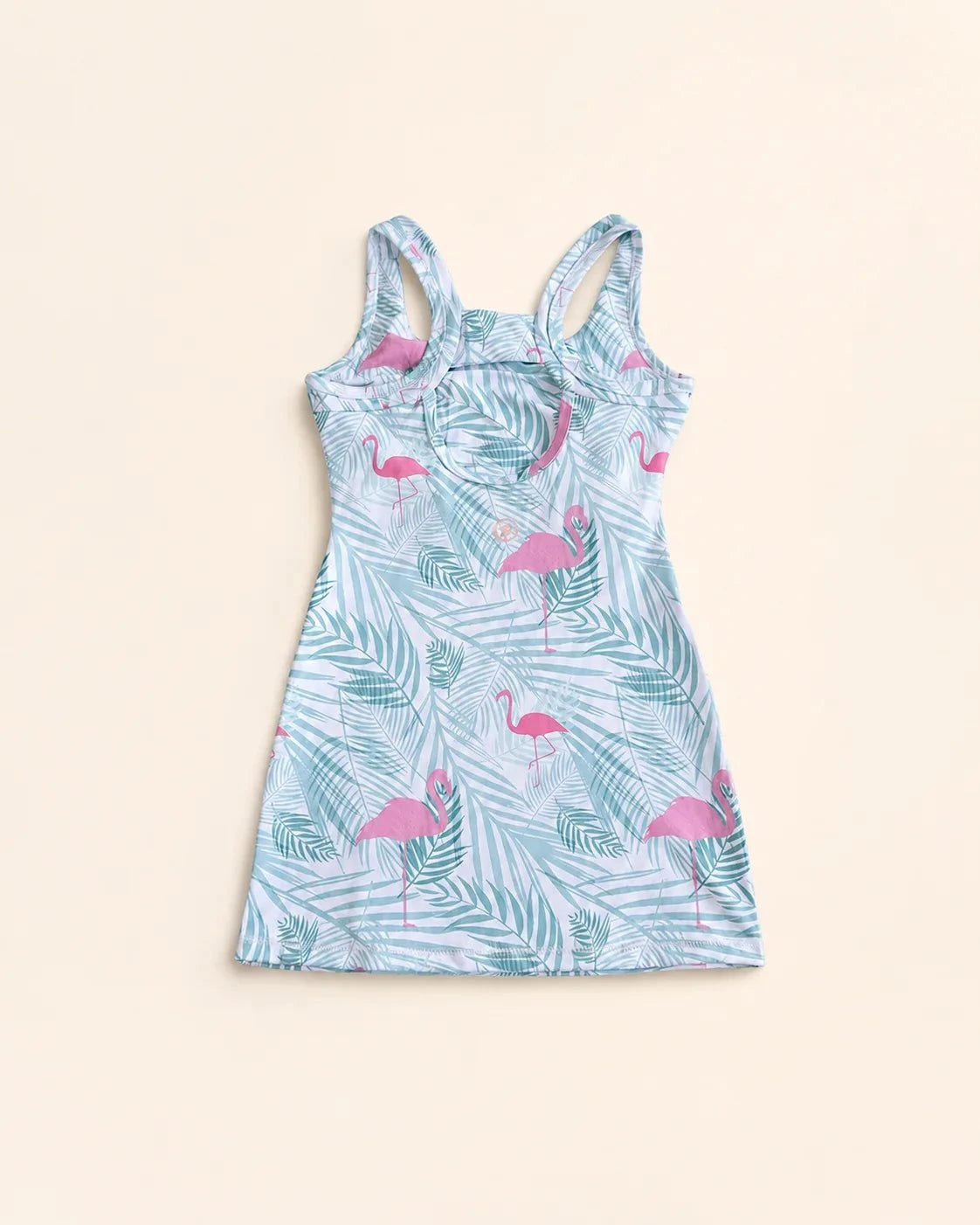 Ace Kids Dress Island Breeze with pink flamingos and palm fronds, pump-friendly shorts and family-coordinated print
