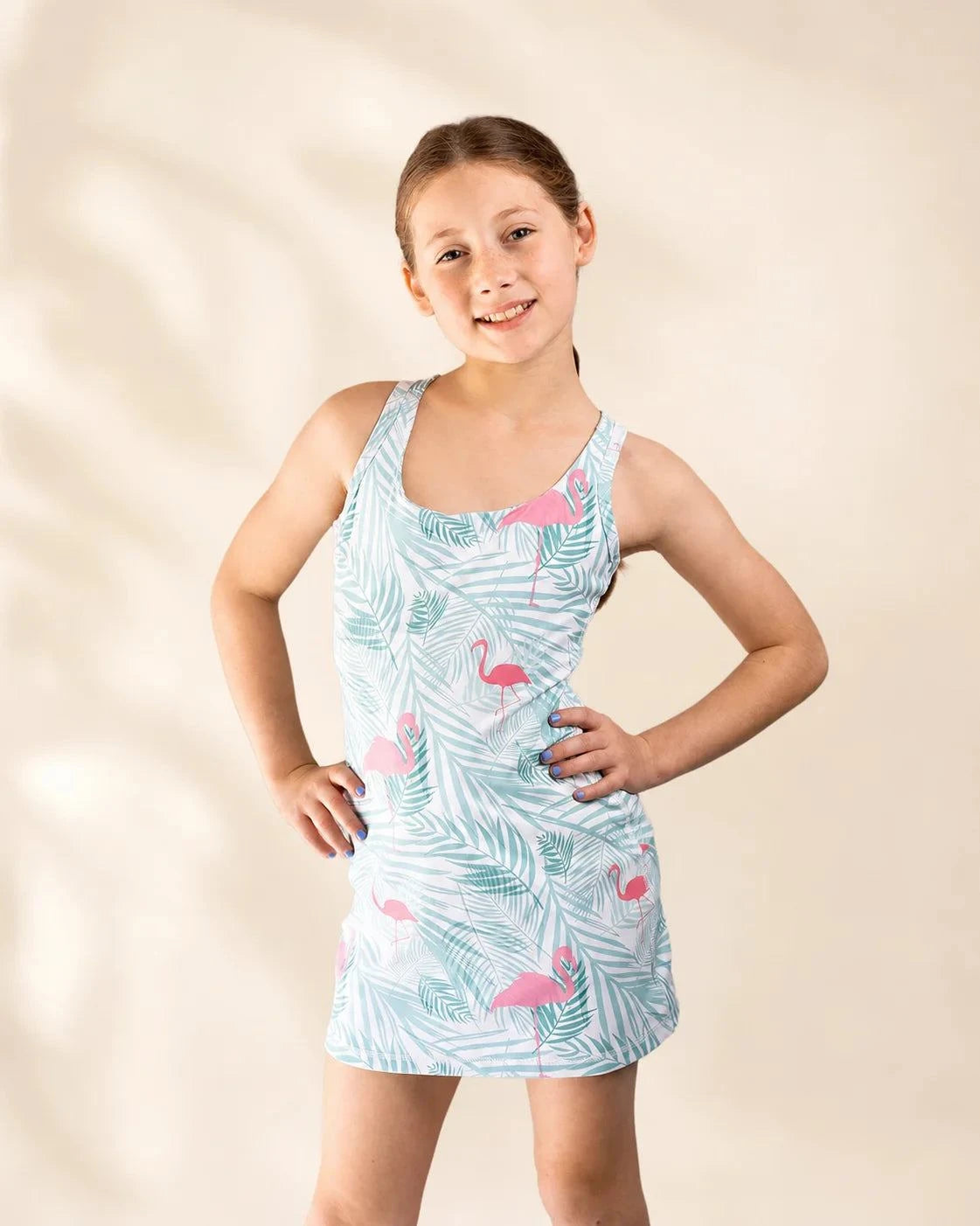 Ace Kids Dress Island Breeze pink flamingo print with seafoam palm fronds and pump-friendly shorts pockets