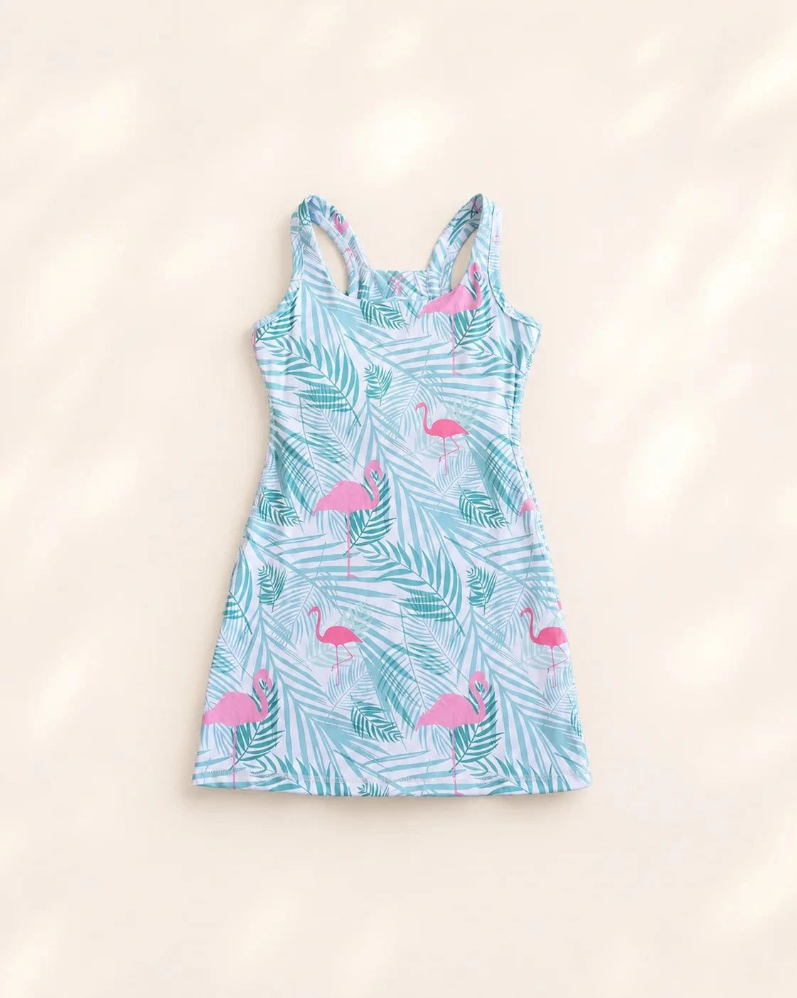 Ace Kids Dress in Island Breeze with pink flamingo and palm print, pump-friendly shorts, perfect family coordination