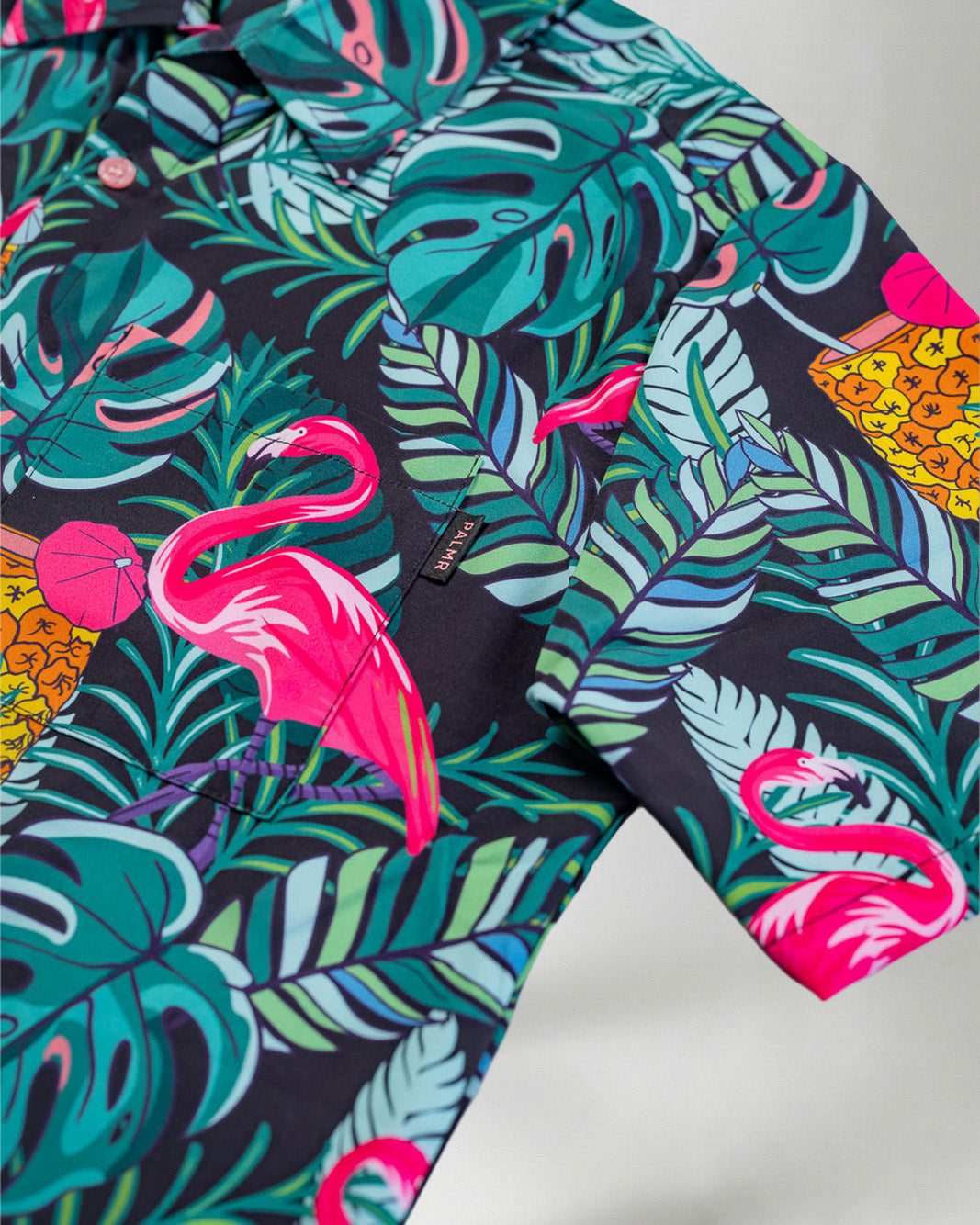 Palmr Style Baha Palm botton up short sleeve hawaiian shirt Mens Black Green Palm Leaf Flamingo Pineapple beach Resort wear Self-Care Sunglasses cleaner