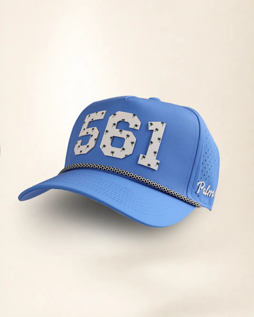 Blue 561 hat with palm design, water-resistant and stylish for Florida heat
