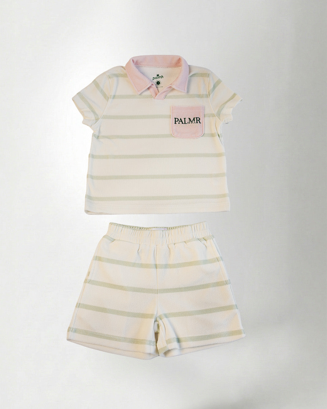 Children's striped polo shirt and shorts set with 'PALMR' logo on a white background