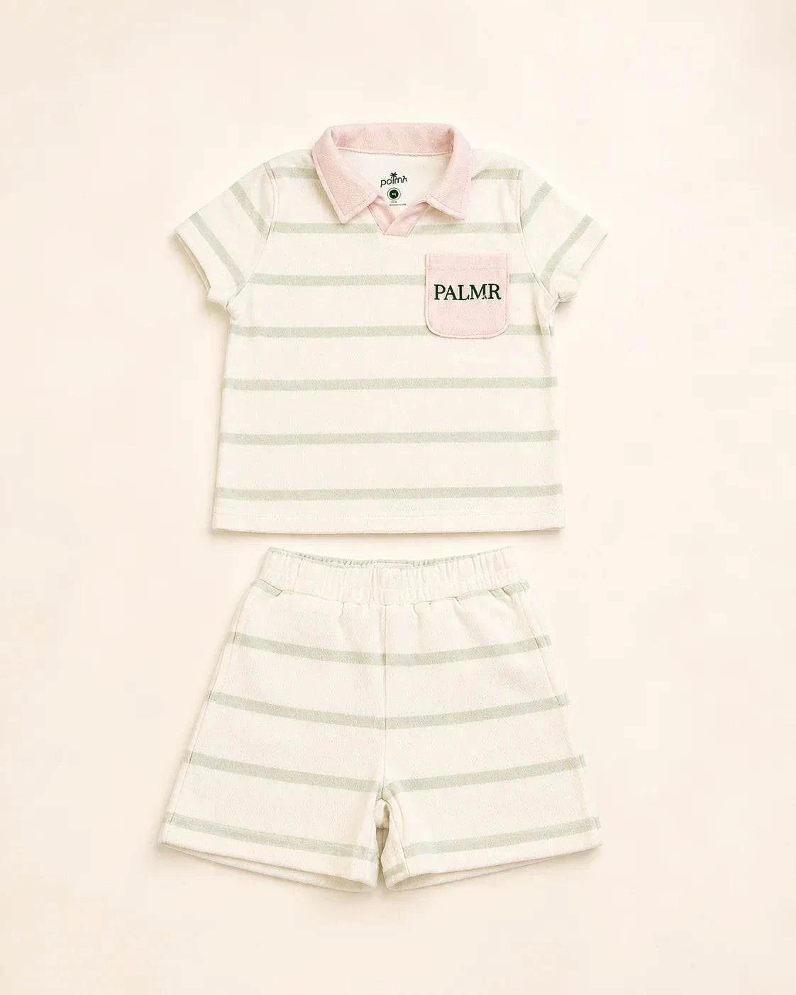 The Cabana Green Stripe Girl's Top in soft micro-terry cloth with green collar and pocket