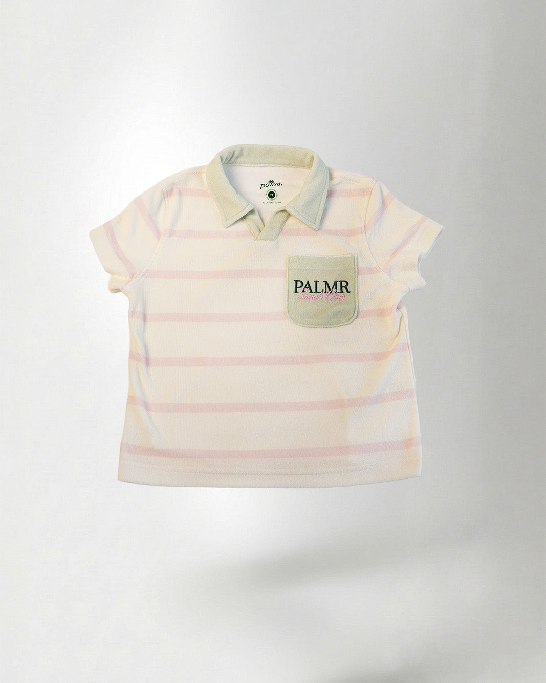 Striped polo shirt with a brand logo on a light gray background
