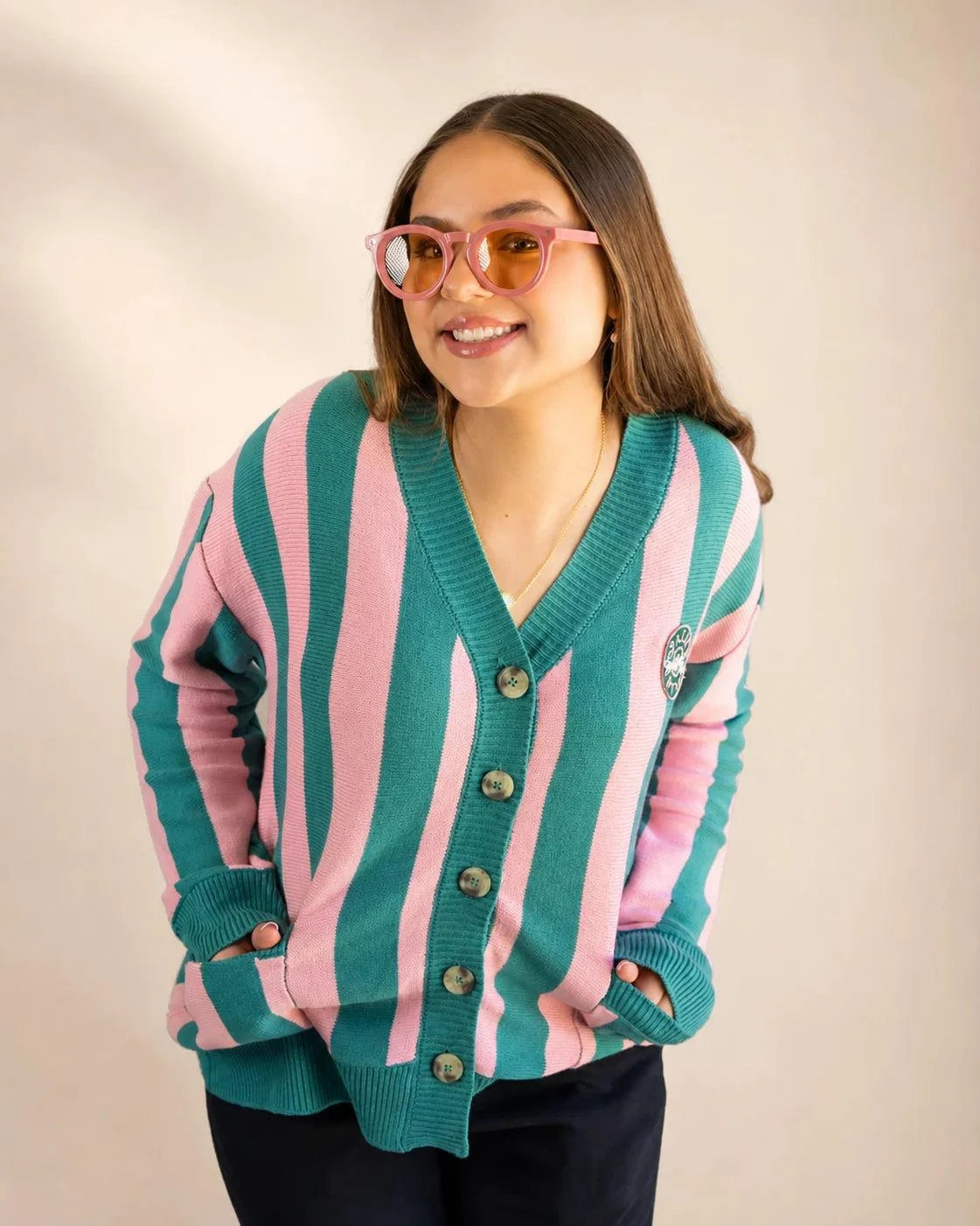 The Palm of My Heart Cardigan pink and cream striped cozy knitwear with embroidered patch and front pockets