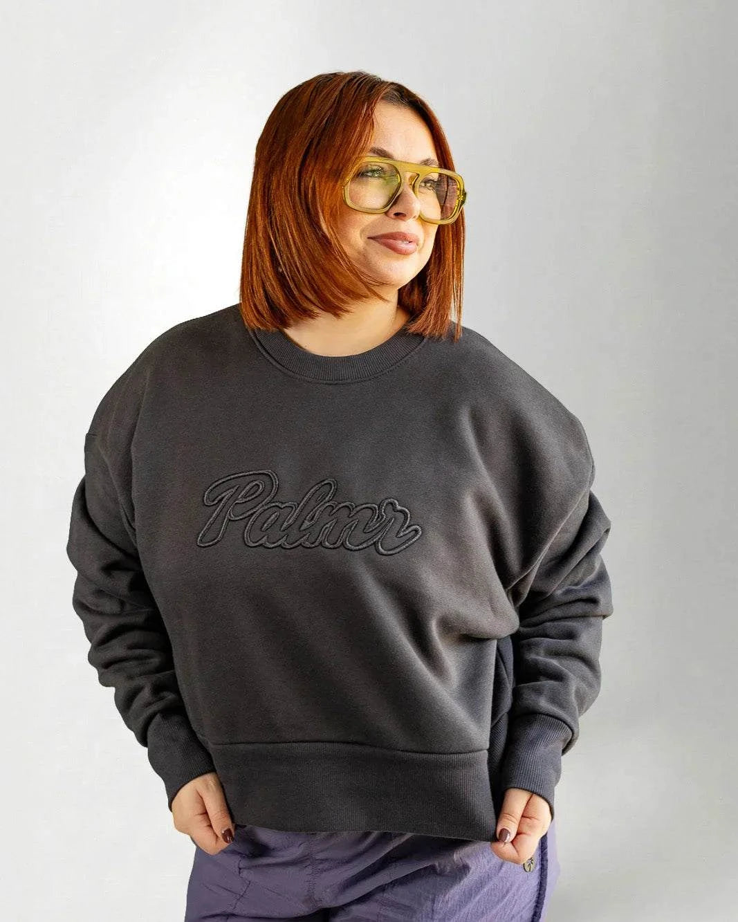 Dark grey The Palmr Crew Sweatshirt with 3D embroidered logo and relaxed cropped fit
