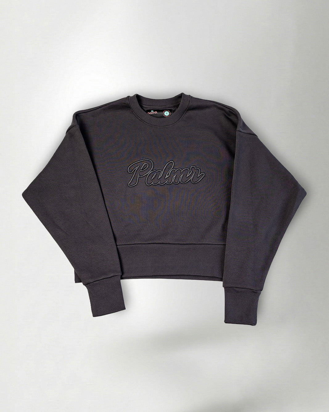 Dark gray sweatshirt with 'Palmr' branding on a light gray background