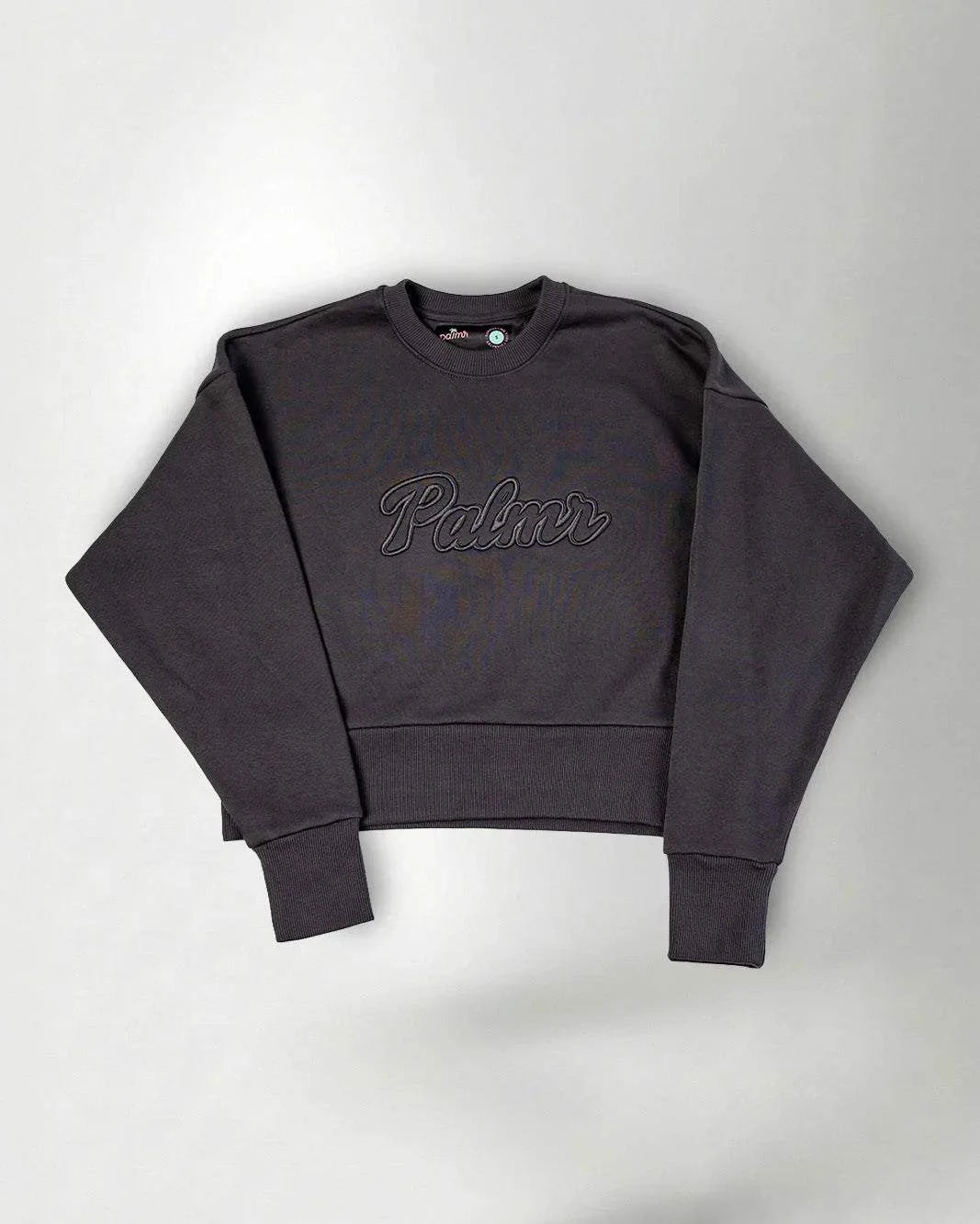 The Palmr Crew Sweatshirt in dark grey with 3D embroidered logo and relaxed cropped fit