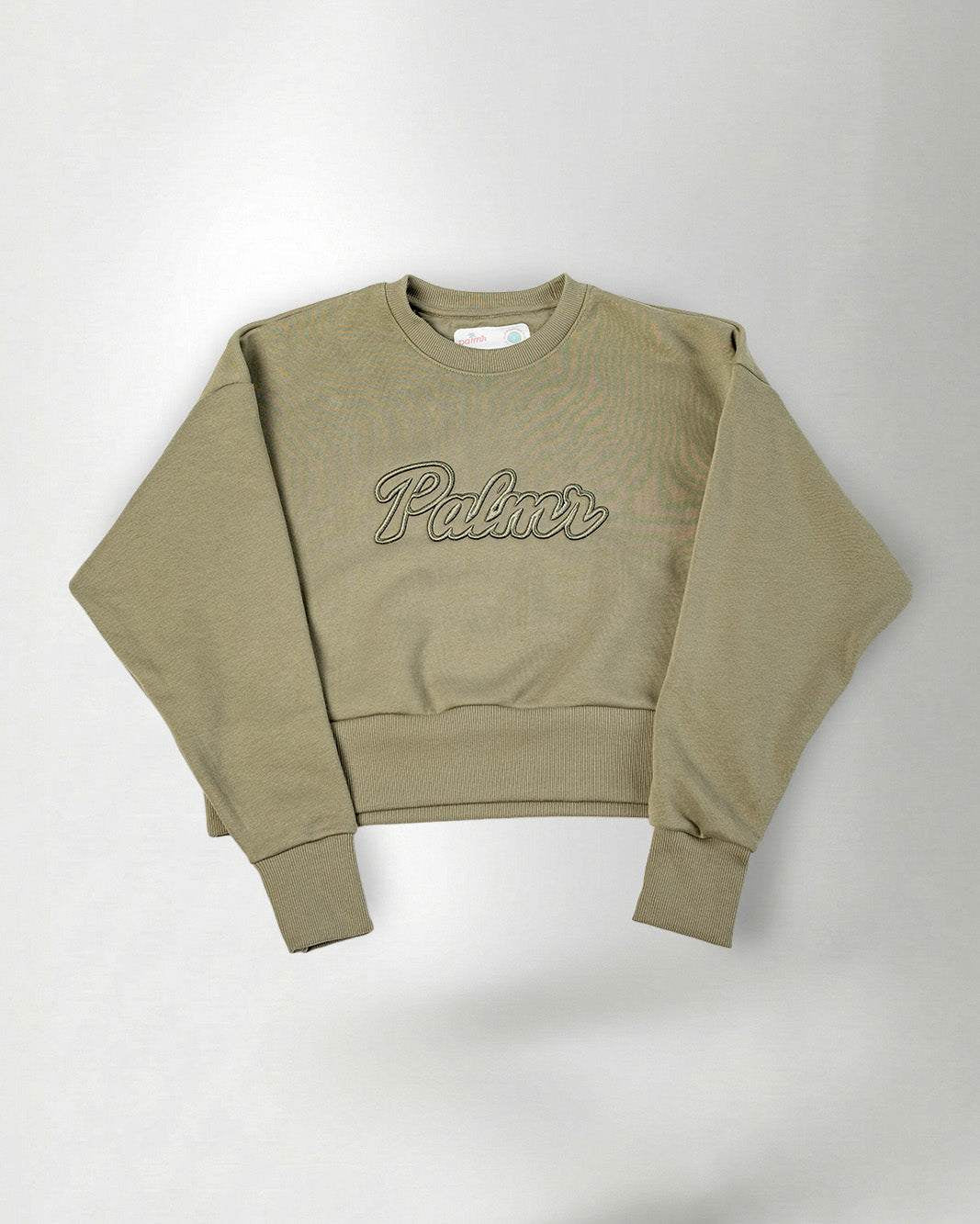 The Palmr Crew Sweatshirt in olive with oversized crop fit and 3D embroidered logo