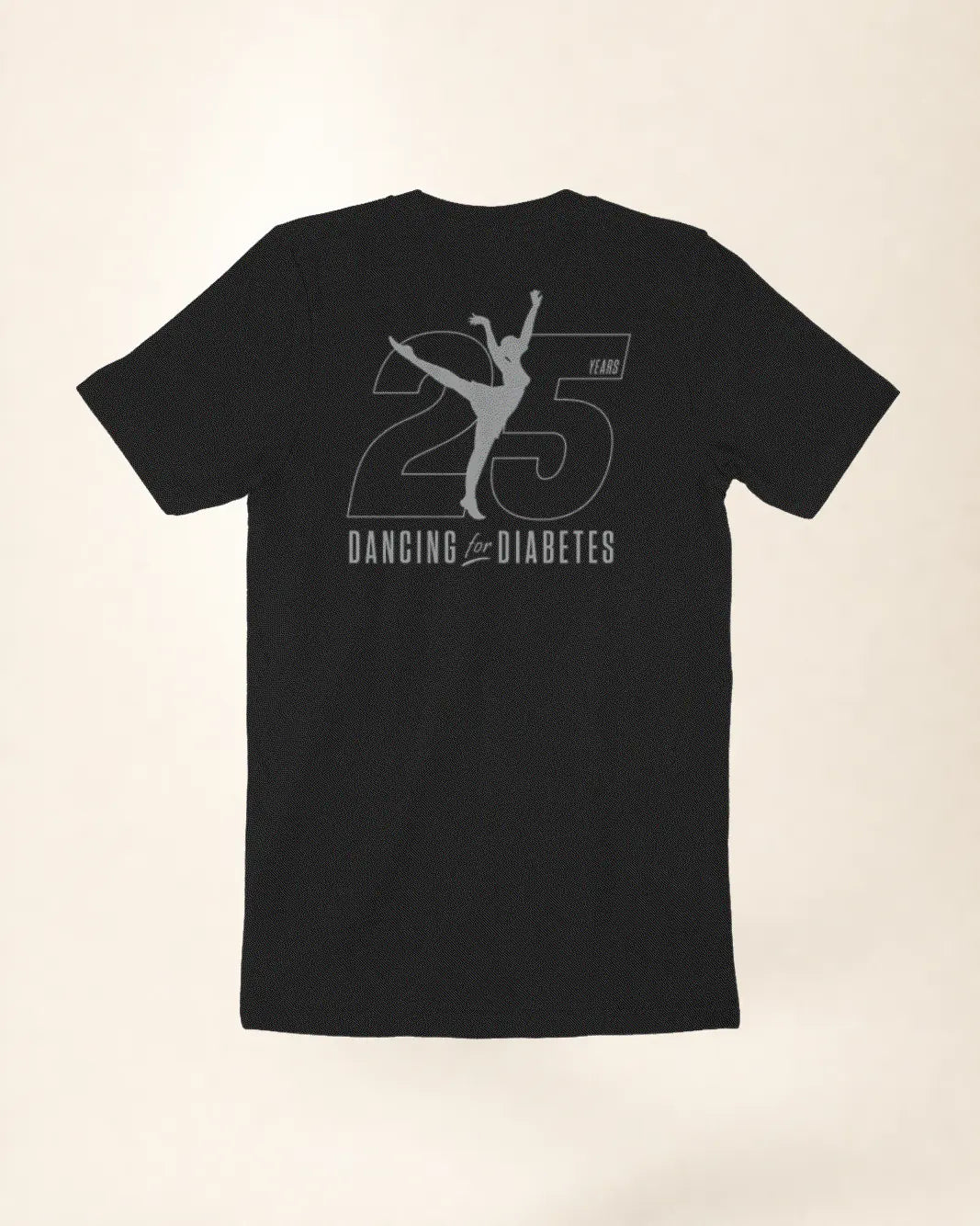 Black Dancing For Diabetes 25 Years Tee with metallic silver logo and commemorative emblem on back