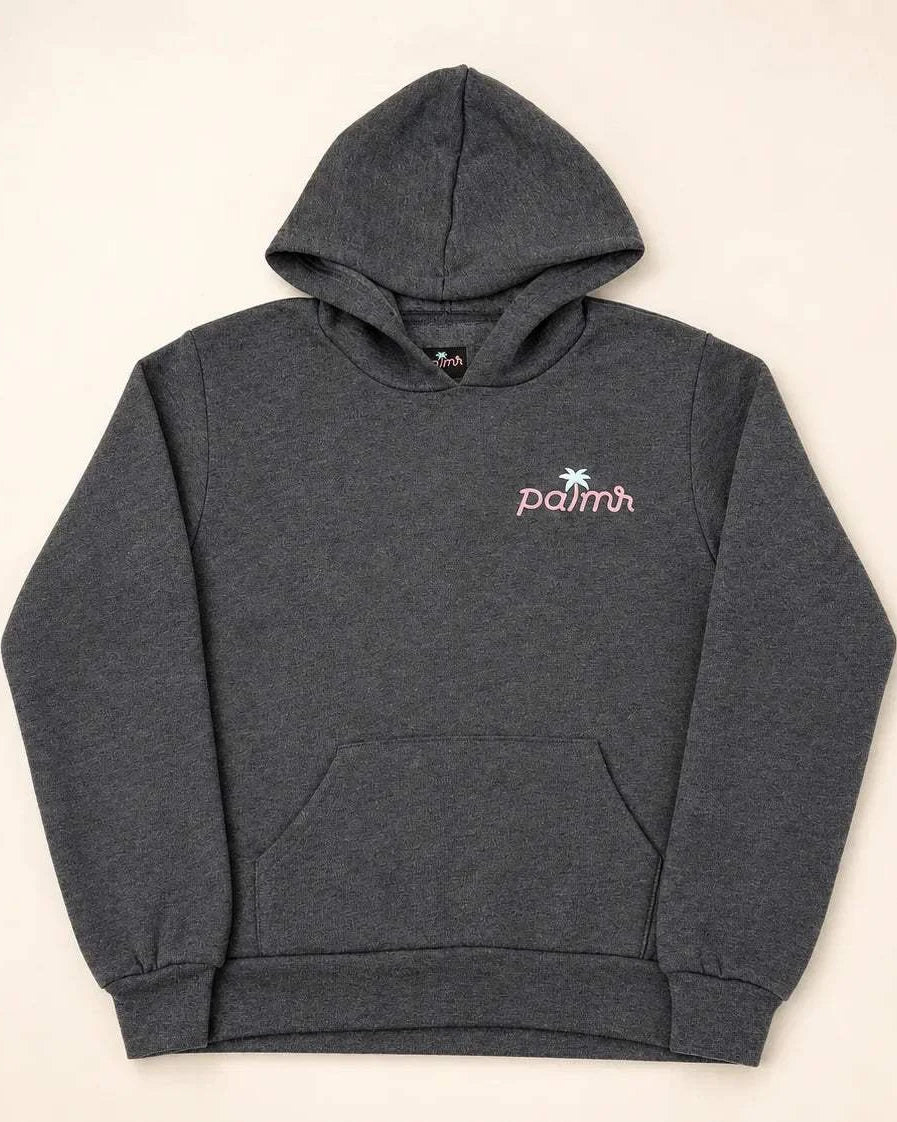 Child wearing The Evening Palm Kids Hoodie in dark heather grey with sunset graphic on back