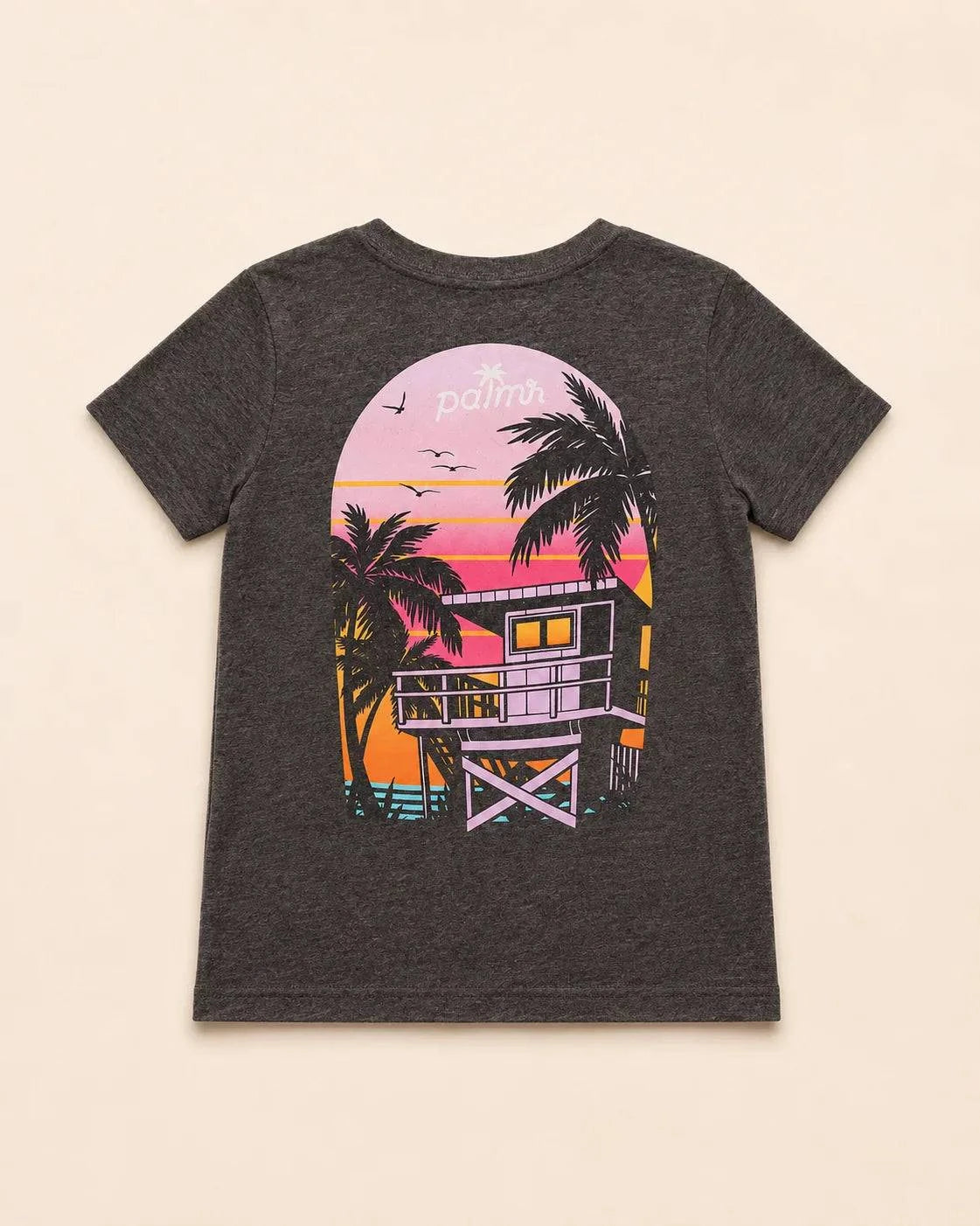 Black Evening Palm Kids Tee with stone-washed finish and beach sunset graphic