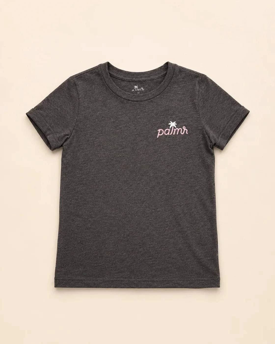 Black mineral wash Evening Palm Kids Tee with Palmr logo and beach sunset graphic back, soft heather cotton blend