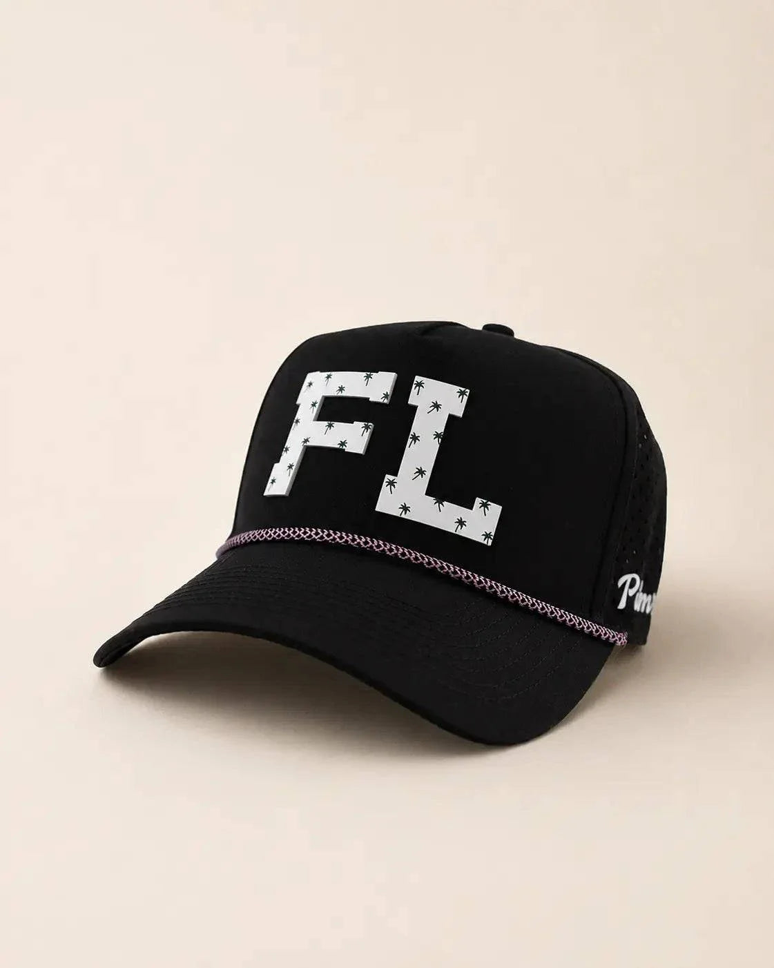 Black FL Signature Hat with white silicone letters and palm design, water-resistant and structured rope cap, known as The 407 Hat