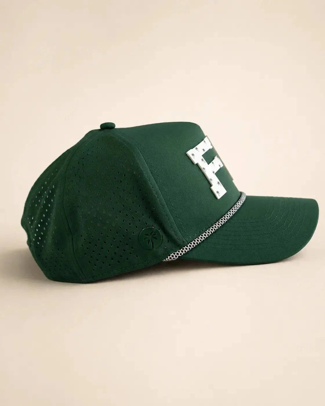 Green FL Signature Hat with white raised silicone letters and palm design, water-resistant and heat-ready