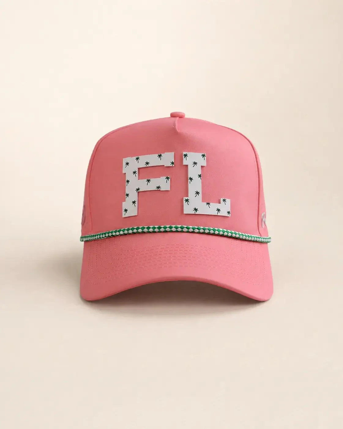 Pink FL Signature Hat with white Florida design and small palms, water-resistant for Florida heat, known as The 407 Hat