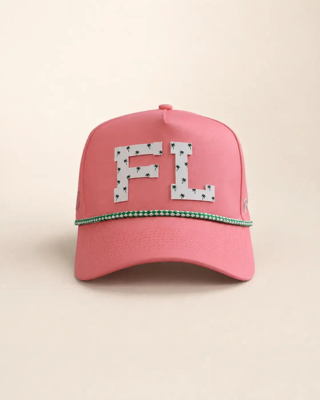 Pink FL Signature Hat with white Florida design and small palms, water-resistant for Florida heat, known as The 407 Hat
