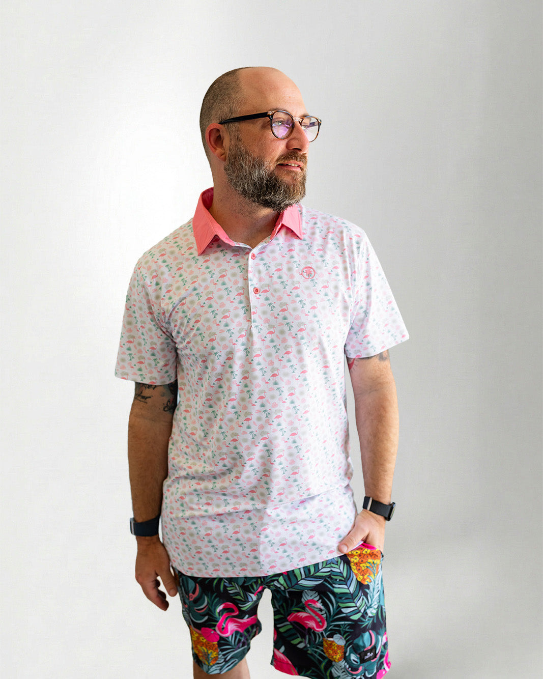 Palmr Style Mens Flamingo Sunrise Polos White Palm Tree Resort Wear Self-care T1D type 1 diabetesPalmr Style Mens Flamingo Sunrise Polos White Palm Tree Resort Wear Self-care T1D type 1 diabetes