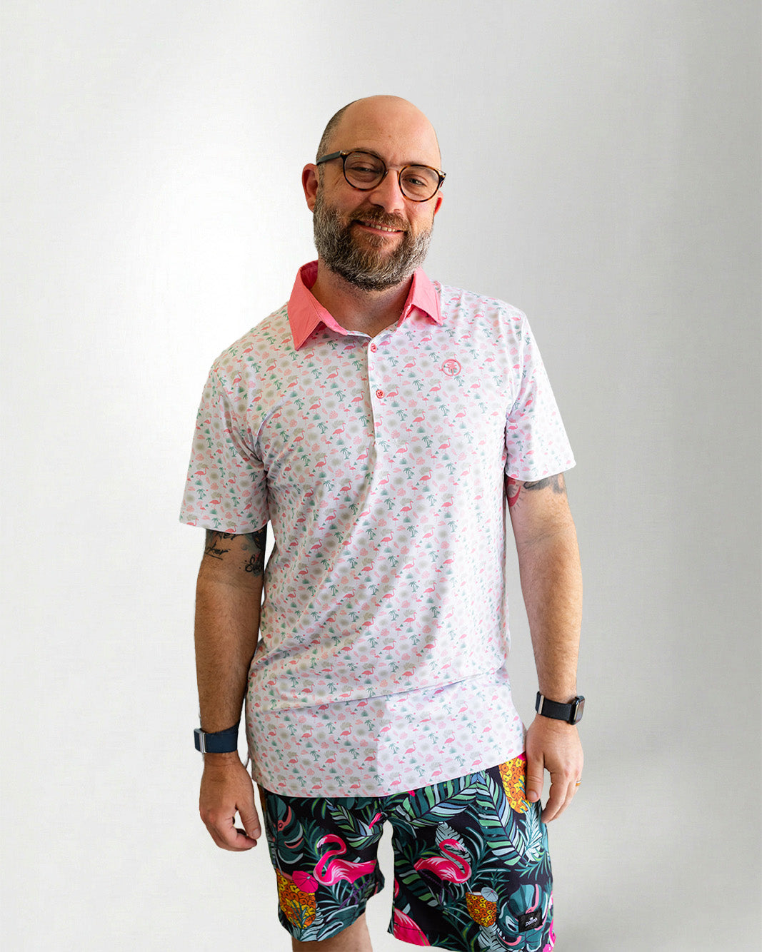 Palmr Style Mens Flamingo Sunrise Polos White Palm Tree Resort Wear Self-care T1D type 1 diabetesPalmr Style Mens Flamingo Sunrise Polos White Palm Tree Resort Wear Self-care T1D type 1 diabetes