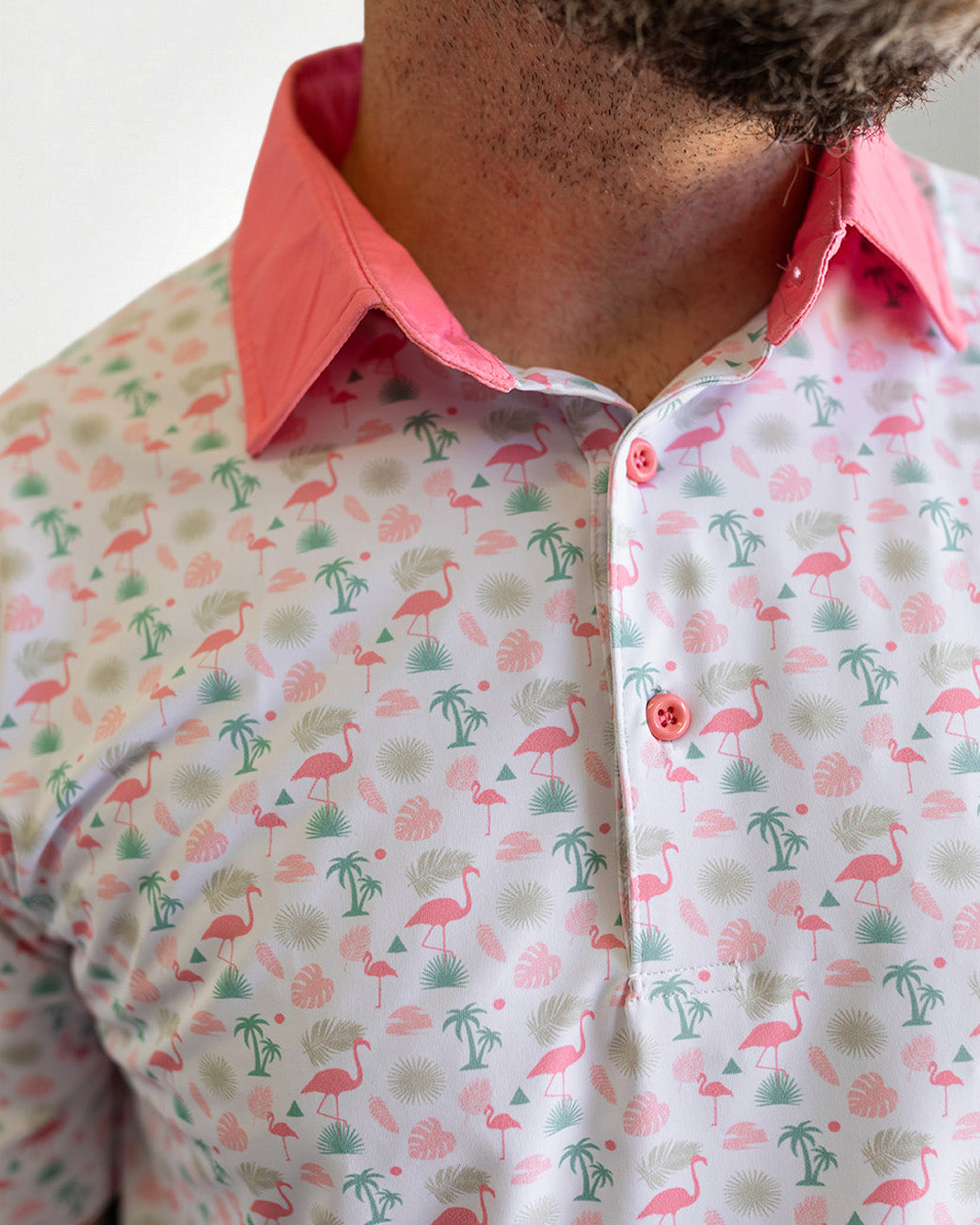 Palmr Style Mens Flamingo Sunrise Polos White Palm Tree Resort Wear Self-care T1D type 1 diabetesPalmr Style Mens Flamingo Sunrise Polos White Palm Tree Resort Wear Self-care T1D type 1 diabetes