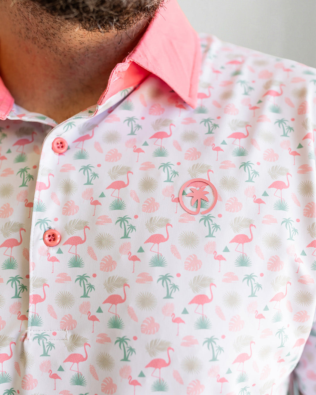 Palmr Style Mens Flamingo Sunrise Polos White Palm Tree Resort Wear Self-care T1D type 1 diabetesPalmr Style Mens Flamingo Sunrise Polos White Palm Tree Resort Wear Self-care T1D type 1 diabetes