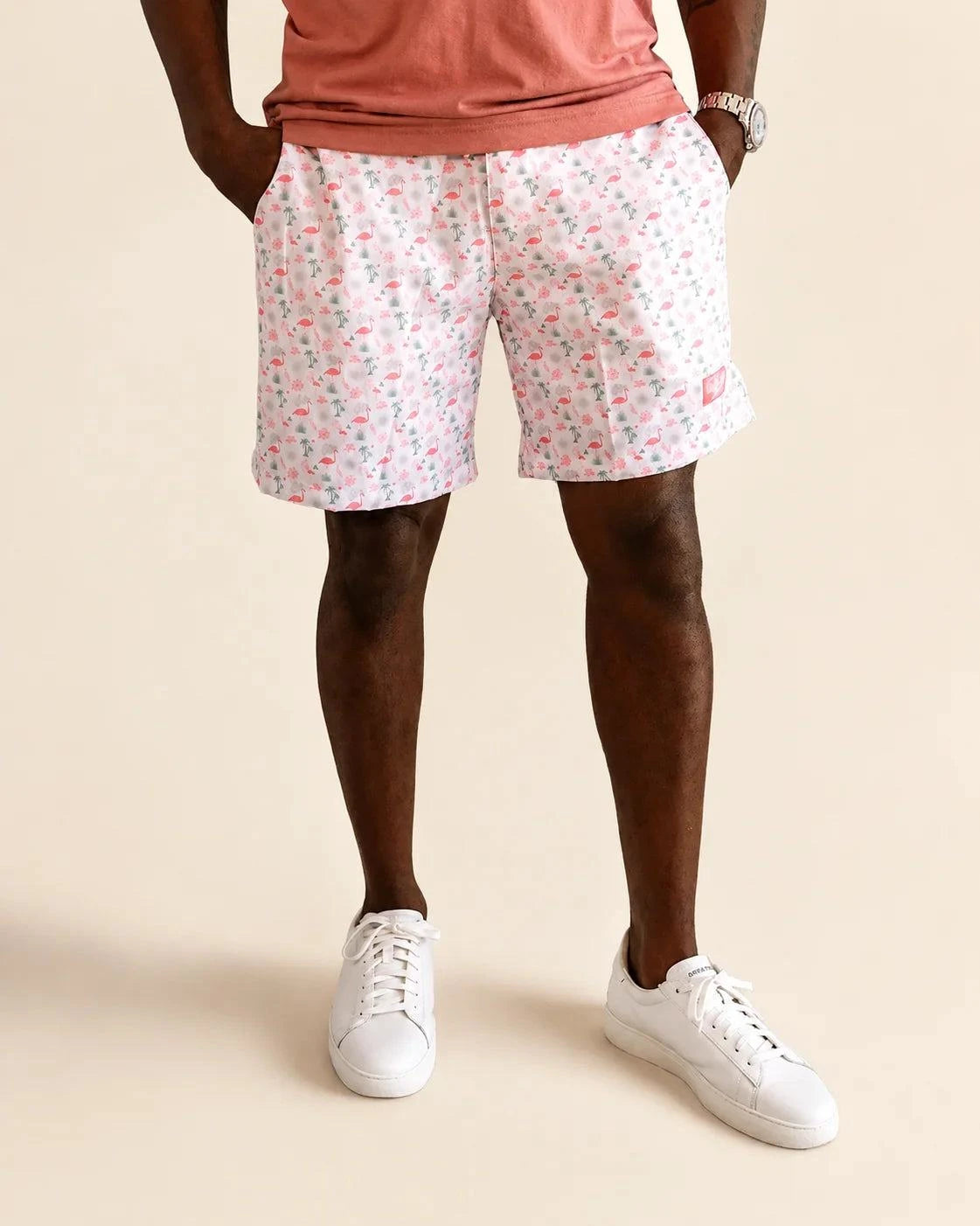 The Flamingo Sunrise Hybrid Swim Shorts (T1D Pump Pocket Version): T1D-friendly t1d hybrid shorts | Palmr Style