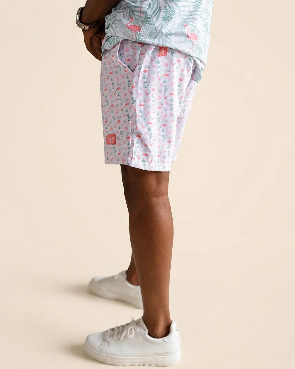 The Flamingo Sunrise Hybrid Swim Shorts (T1D Pump Pocket Version) — view 6 | Palmr Style