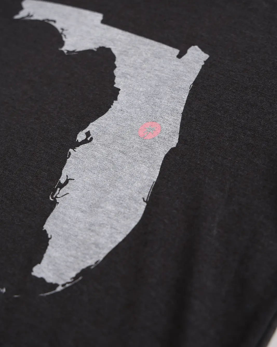 Close-up of a black t-shirt featuring a light gray silhouette map of Florida with a small Palmr logo.