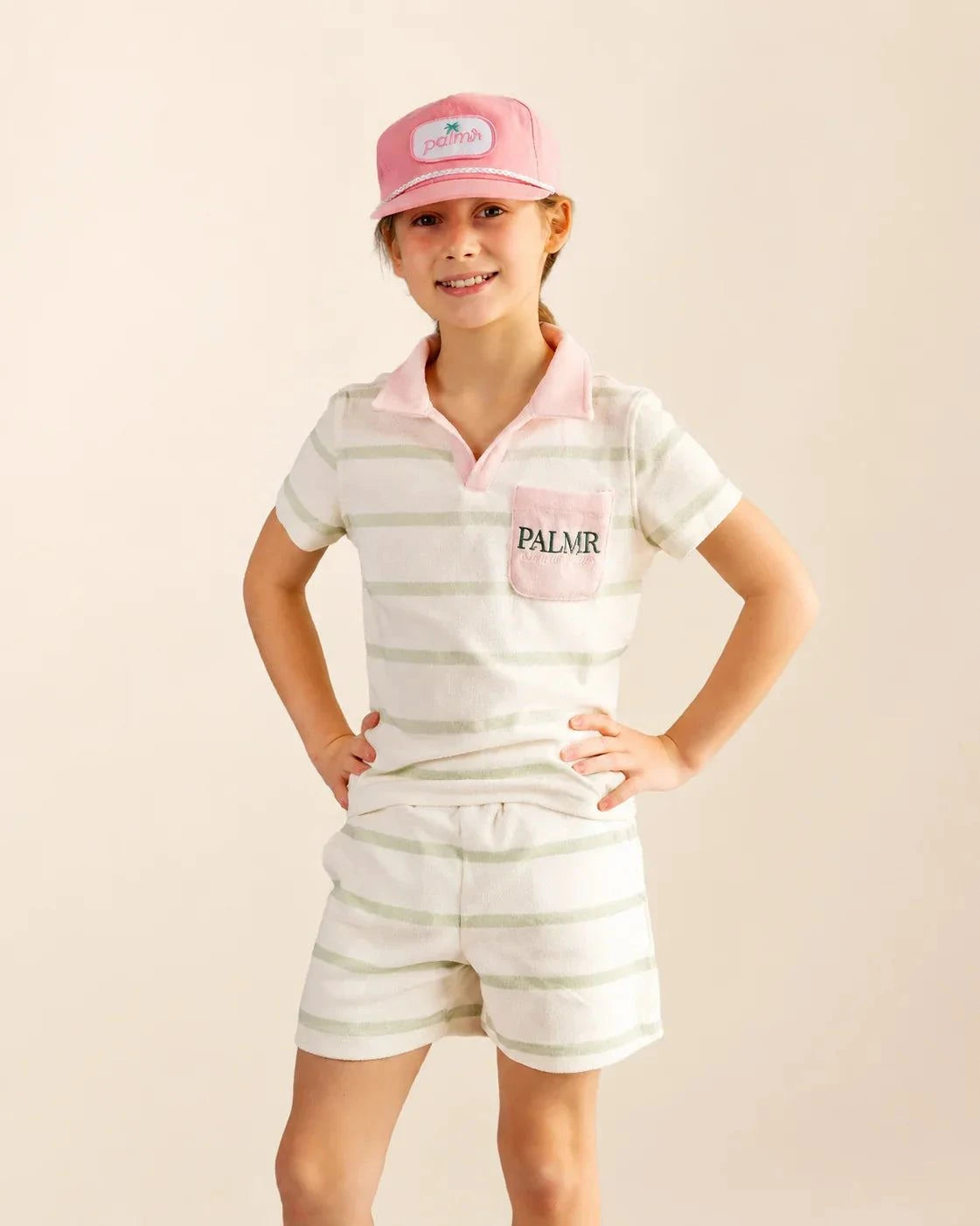 The Cabana Green Stripe Girl's Shorts plush micro-terry fabric with hidden insulin pump pocket in Palm Green stripes