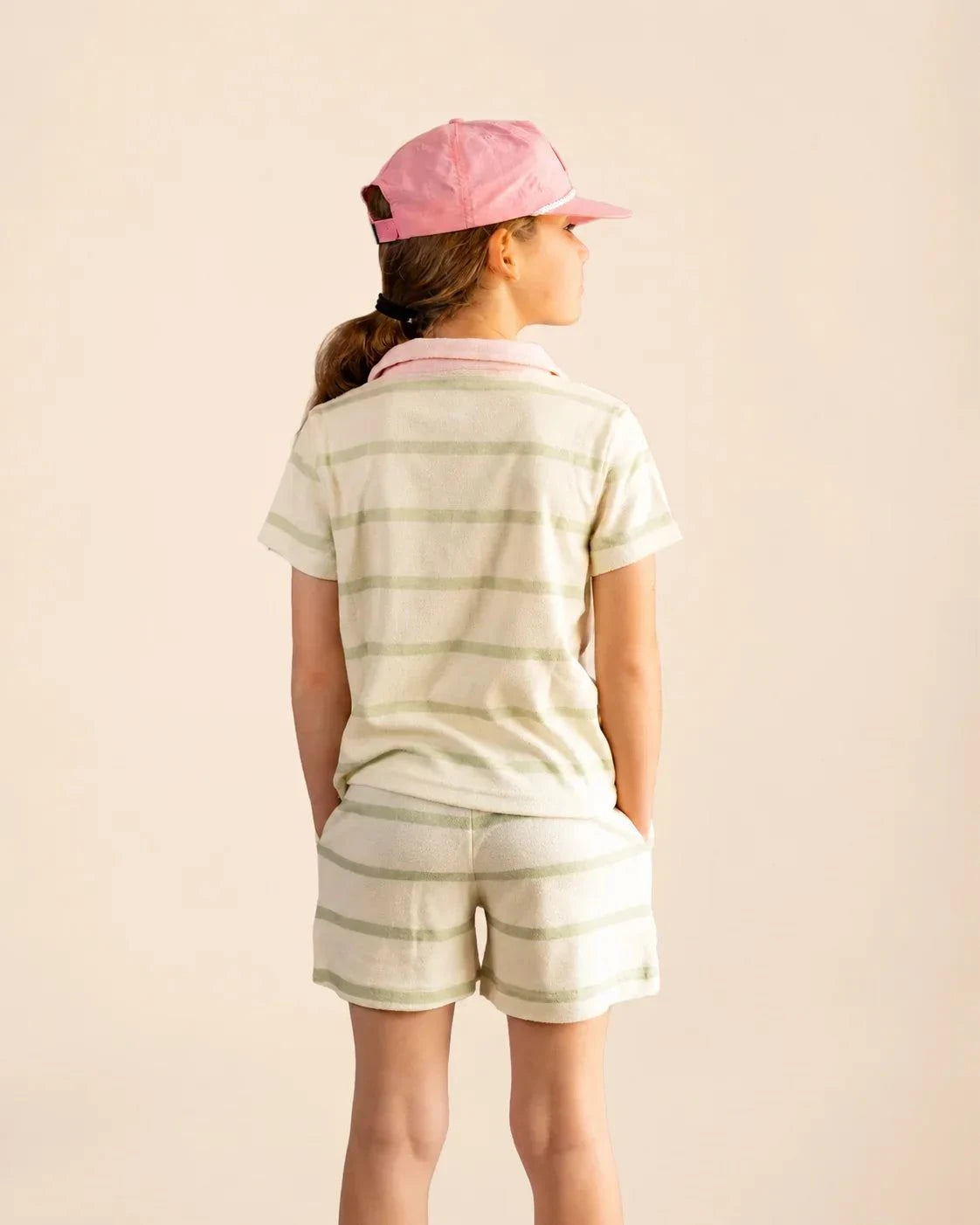 The Cabana Green Stripe Girl's Shorts plush micro-terry with hidden insulin pump pocket