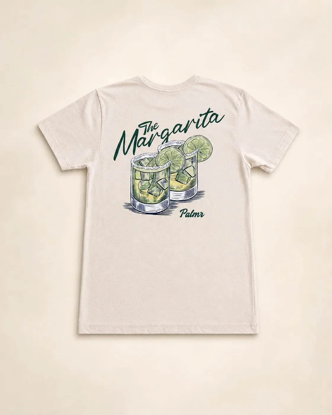 Cream vintage wash Margarita Tee with palm graphic and full margarita illustration on back