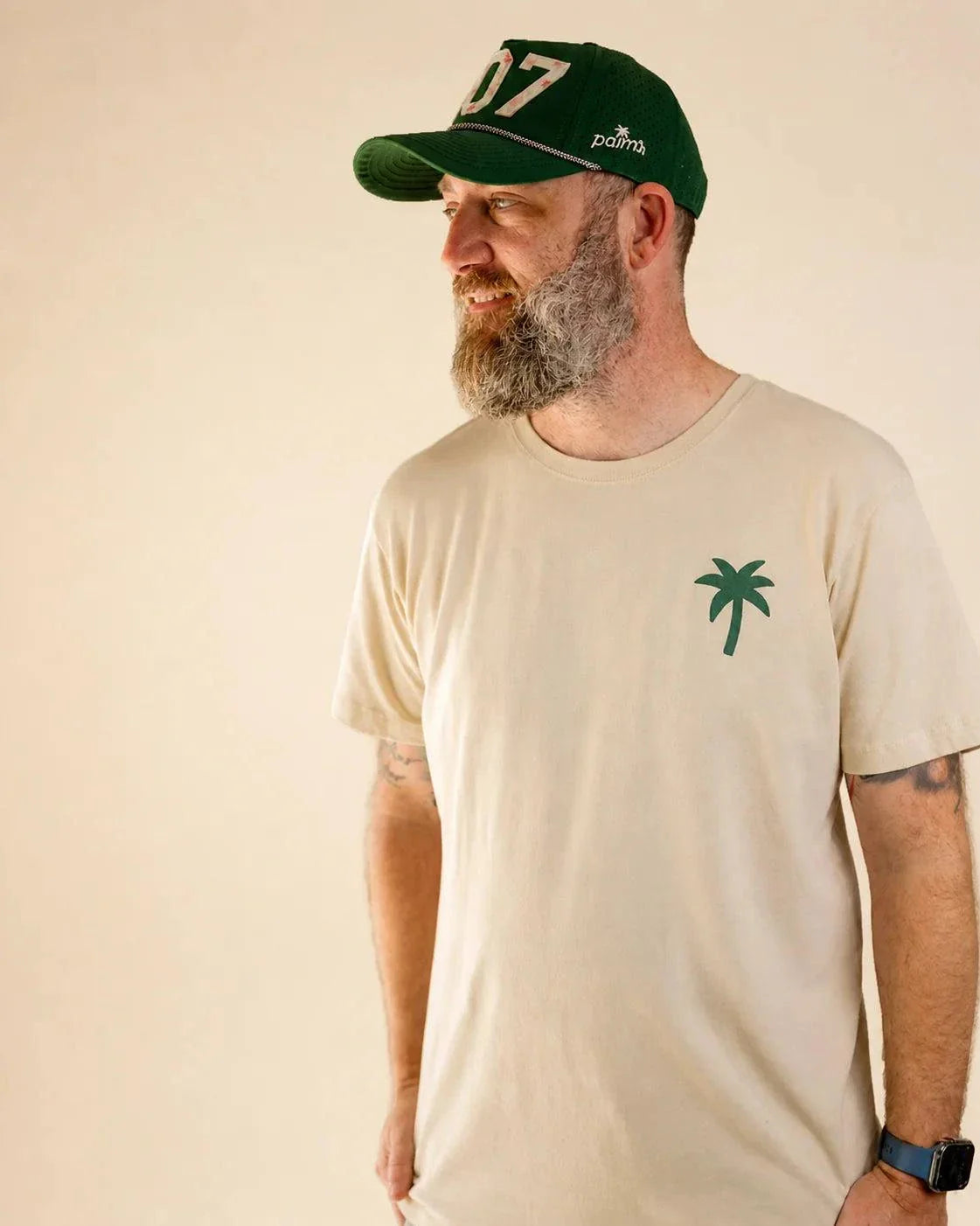Cream vintage wash Margarita Tee with green palm and margarita illustration