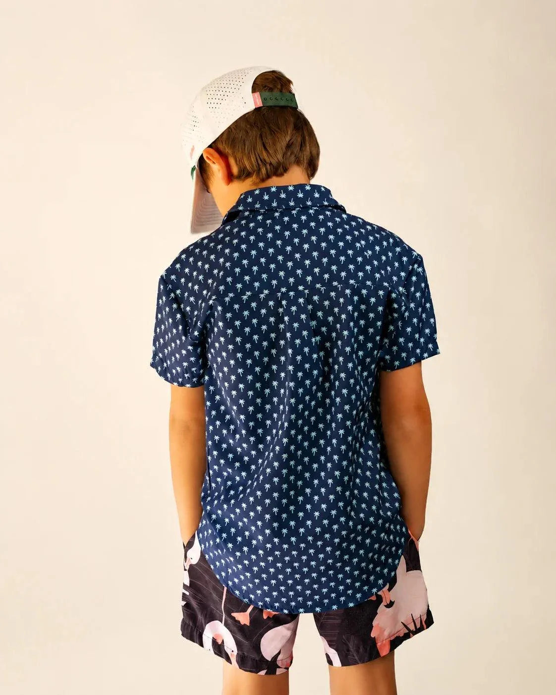 Indigo Palm Kids Button Up navy micro-print shirt with embroidered Palmr script for kids' stylish occasions