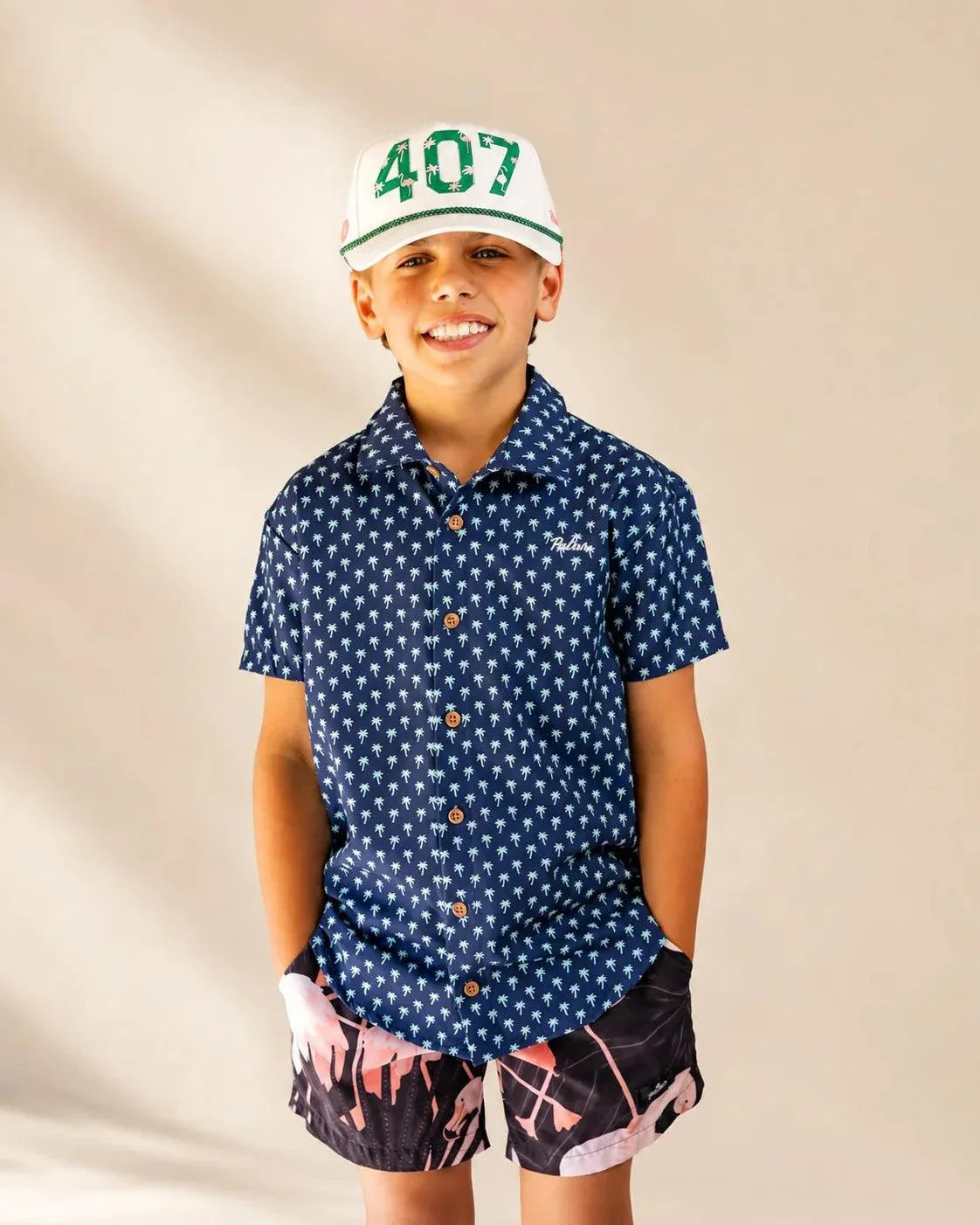 Indigo Palm Kids Button Up navy micro-print shirt with embroidered Palmr script in a performance fit for kids