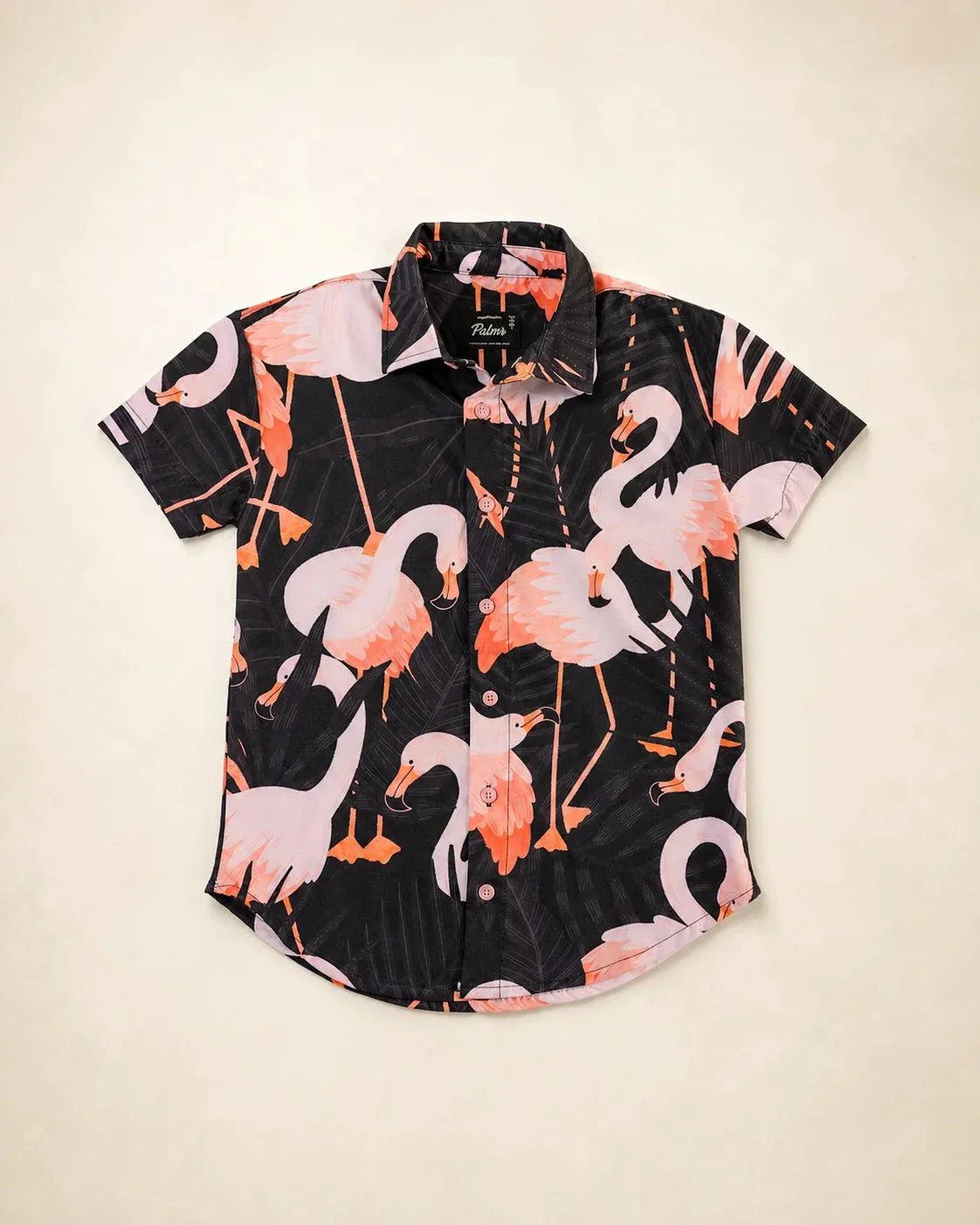 Night Flamingo Kids Button Up shirt with oversized white and pink flamingos on black textured fabric, designed for kids' poolside and casual wear