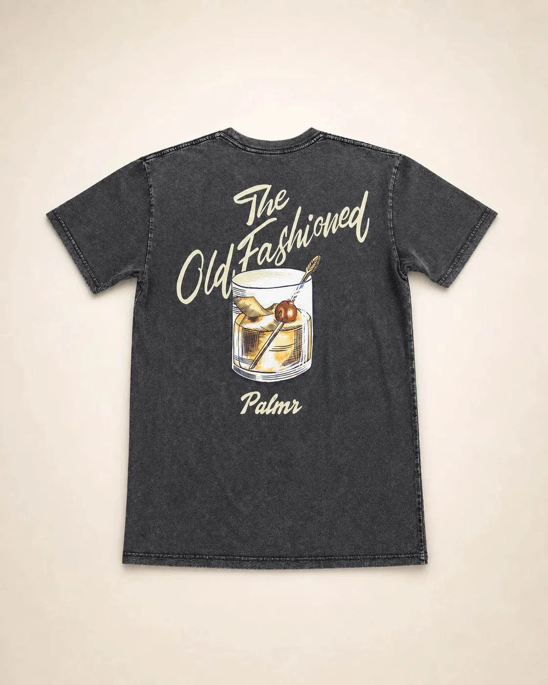 Old Fashioned Tee stone-washed gray cotton shirt with cream palm and vintage cocktail illustration
