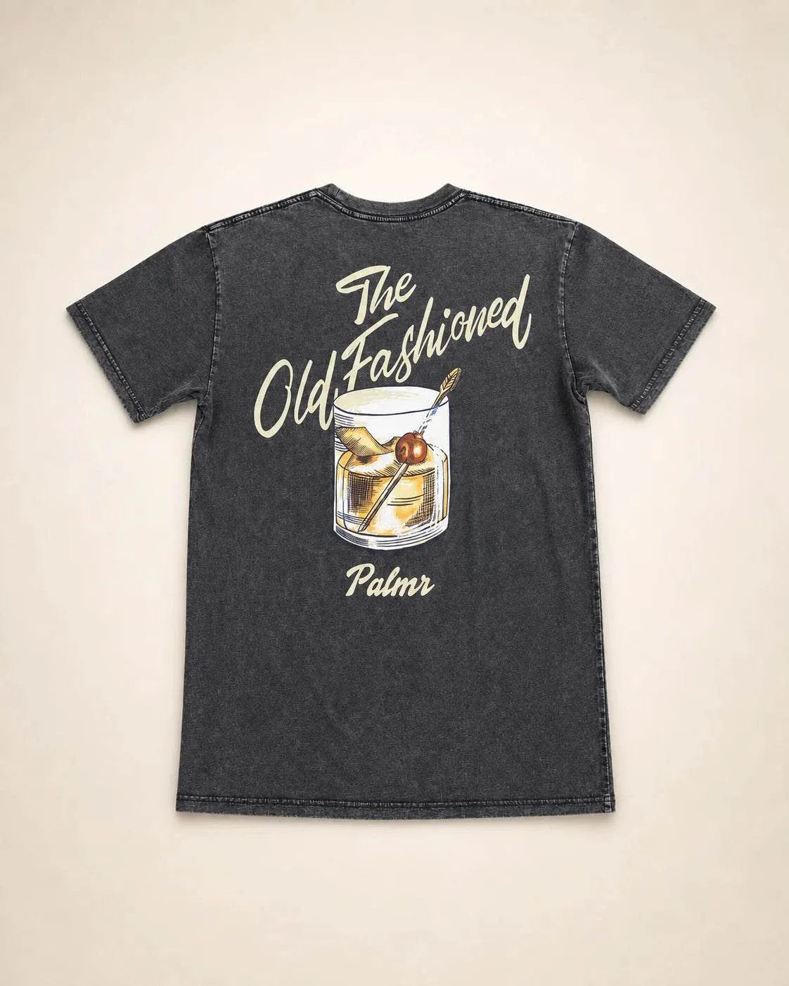 Old Fashioned Tee stone-washed gray cotton shirt with cream palm and vintage cocktail illustration