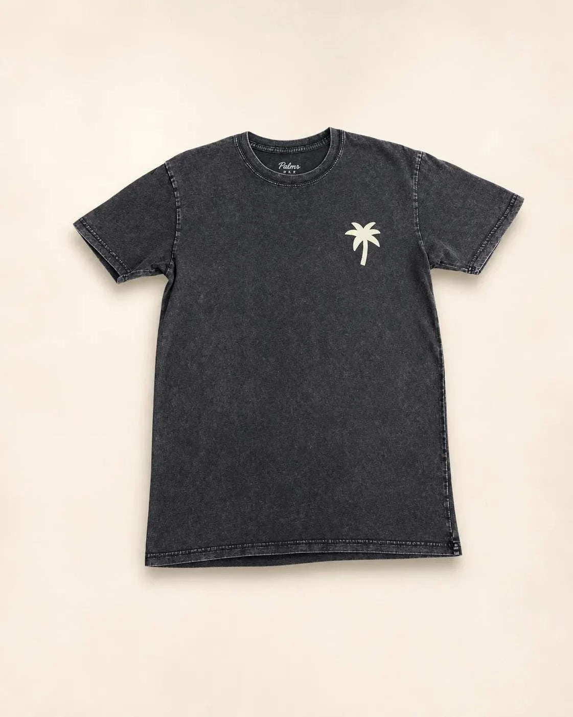 Stone-washed volcanic gray Old Fashioned Tee with cream palm and vintage cocktail illustration on back