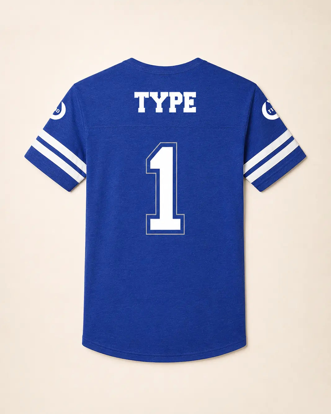 Blue sports jersey with 'TYPE' and number '1' on a beige background