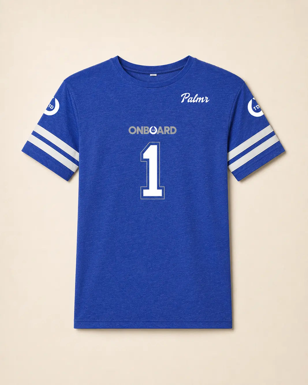 Blue t-shirt with white text and stripes on a beige background