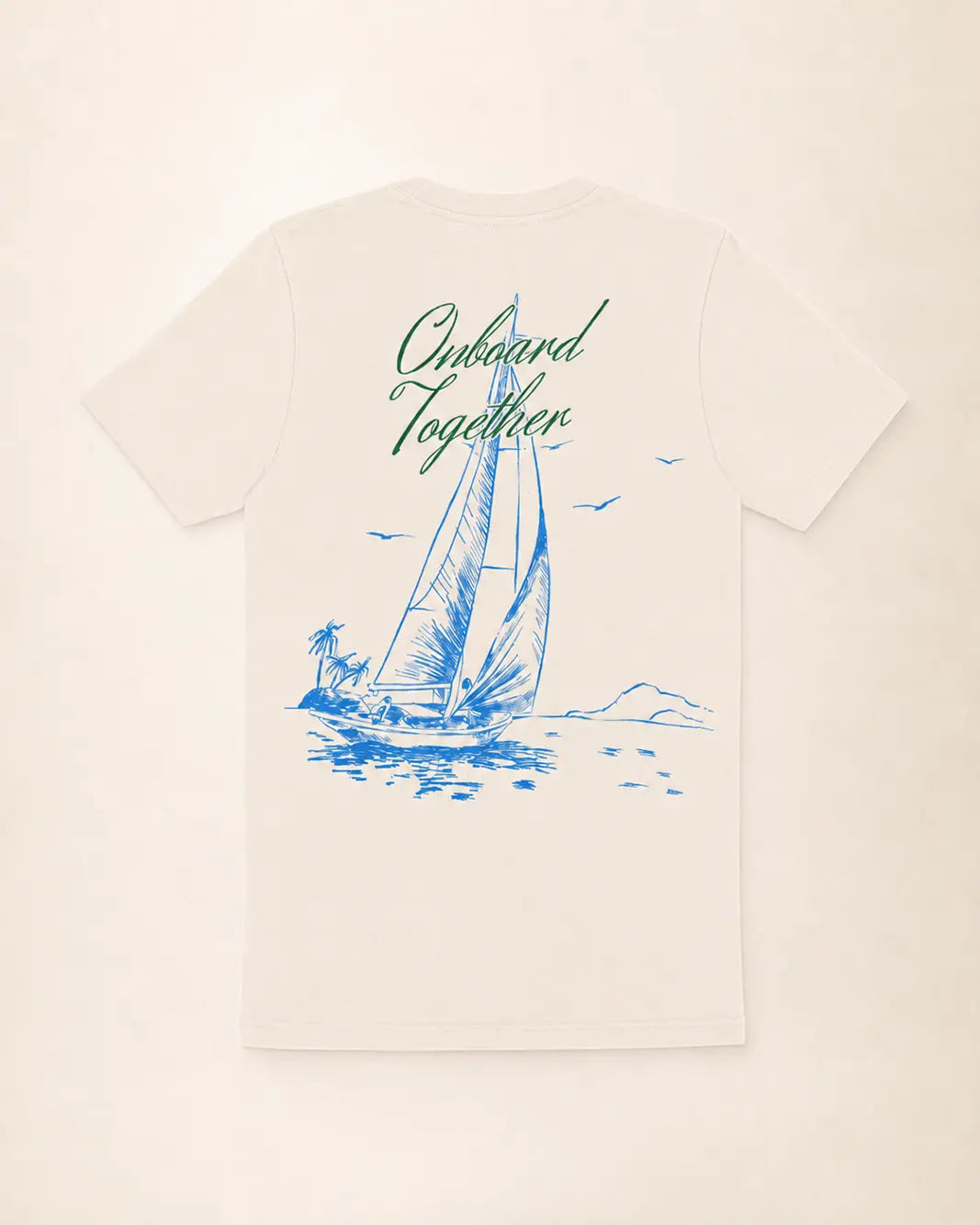 Beige t-shirt with sailboat graphic and 'Outboard Together' text on a beige background