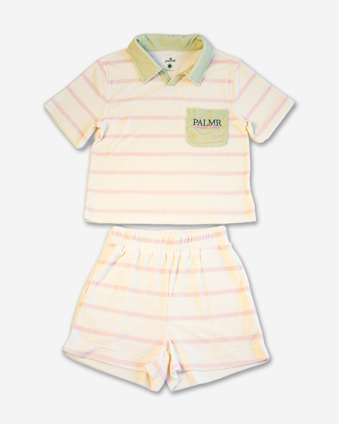 Children's striped polo shirt and shorts set with 'Palmr' branding on a white background
