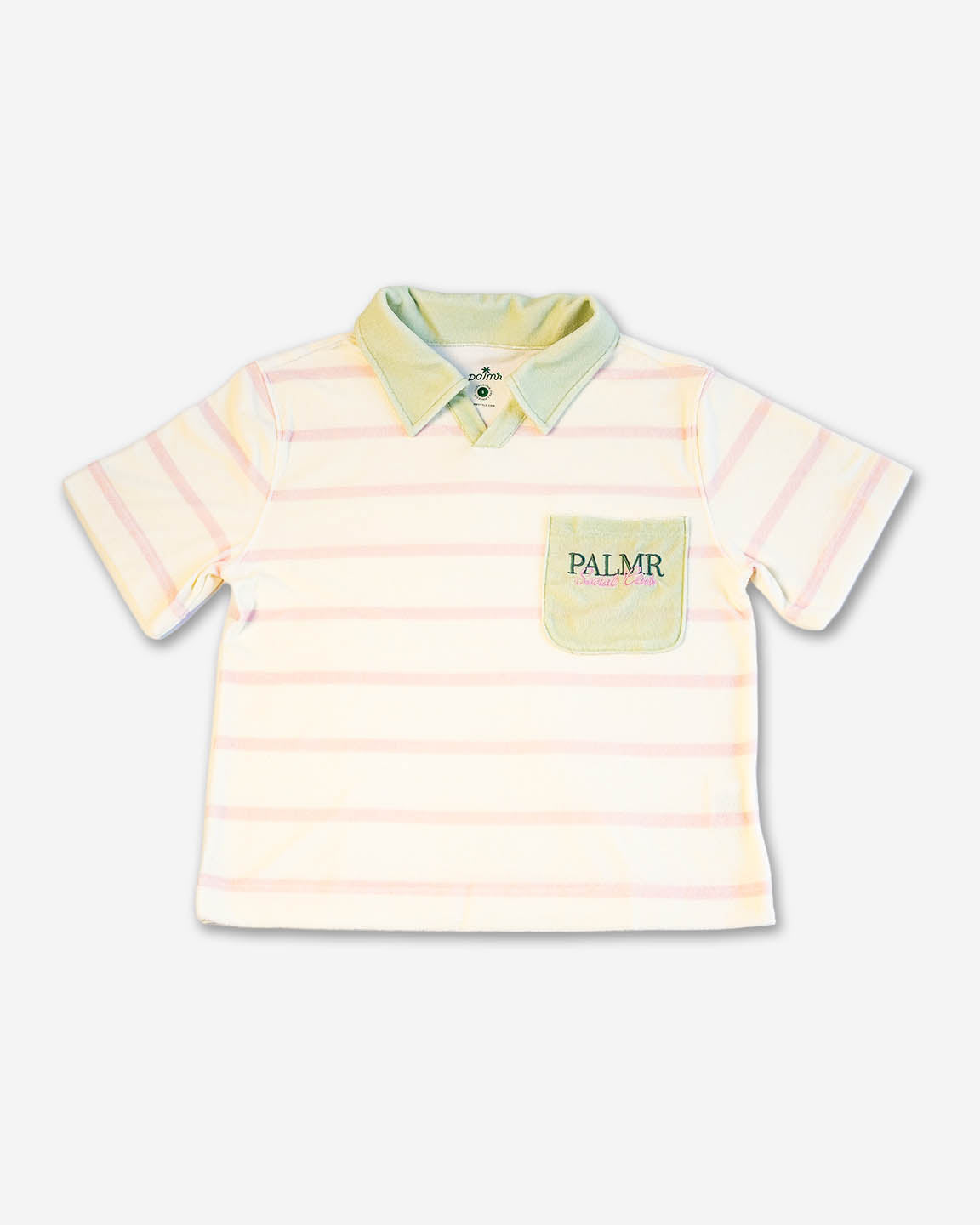 Striped polo shirt with a brand logo on a white background