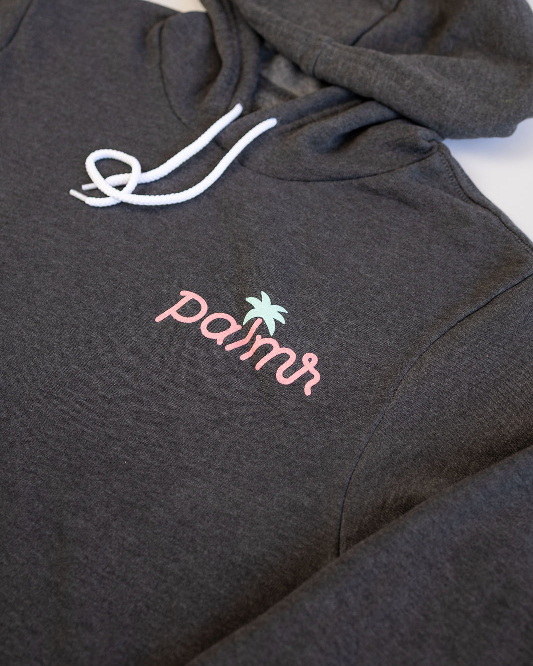 Dark gray hoodie with 'palms' logo on a white background