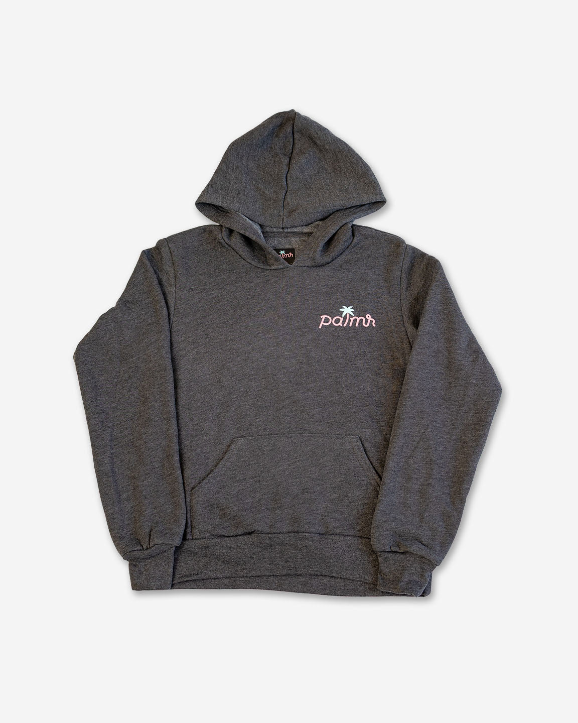 Gray hoodie with a brand logo on a white background