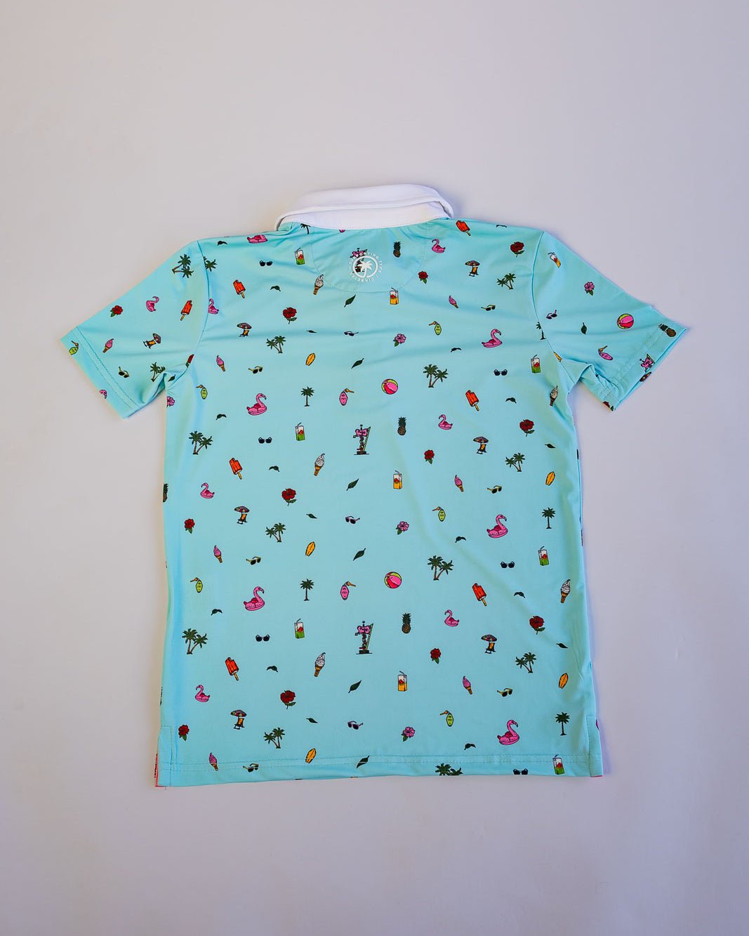Light blue t-shirt with colorful pattern on a white background
