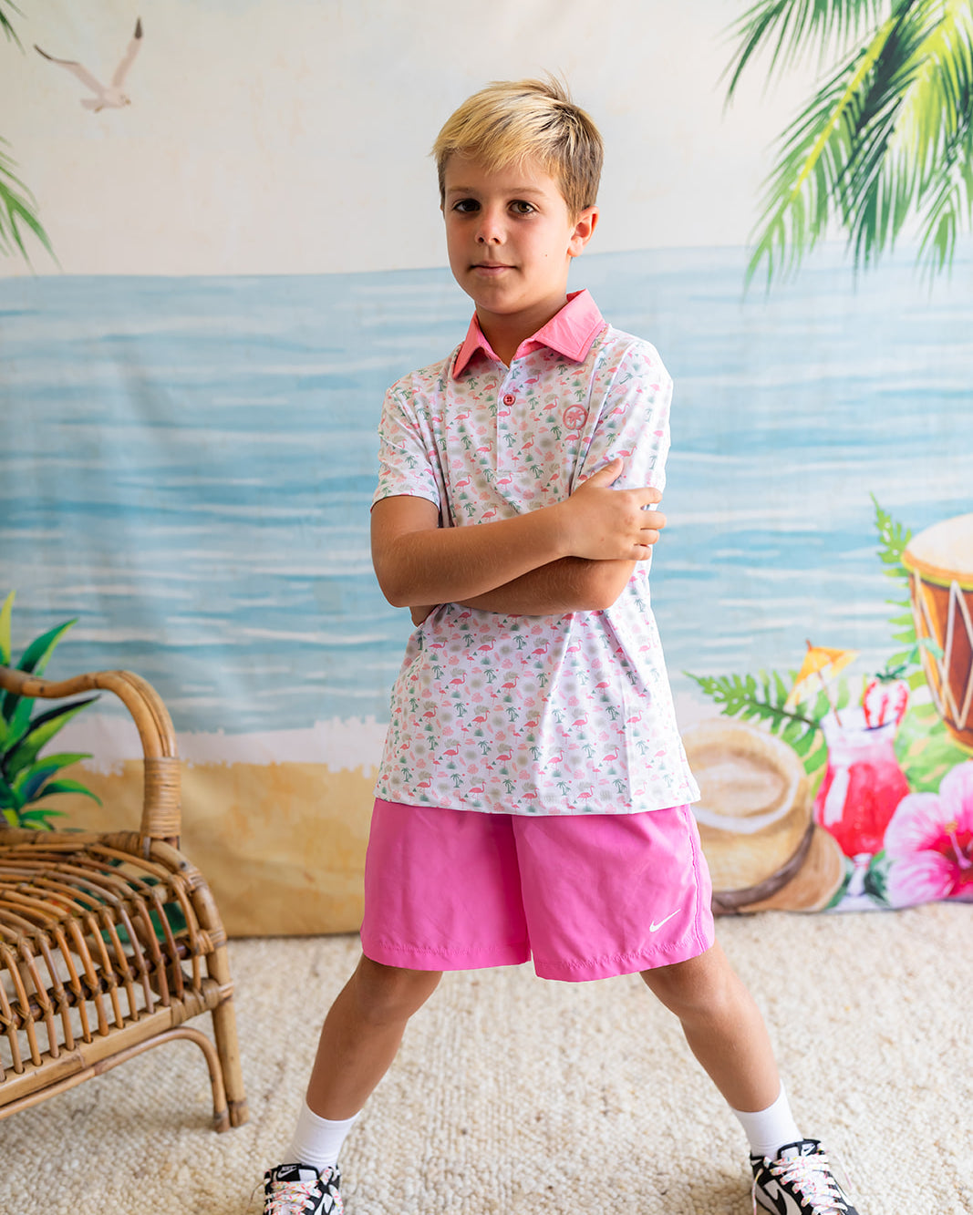 Palmr Style Kids Flamingo Sunrise Polos White Palm Tree Resort Wear Self-care T1D type 1 diabetes