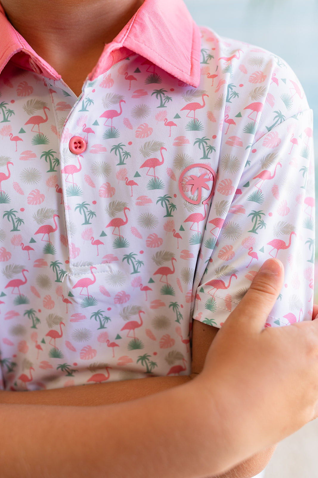 AnPalmr Style Kids Flamingo Sunrise Polos White Palm Tree Resort Wear Self-care T1D type 1 diabetes