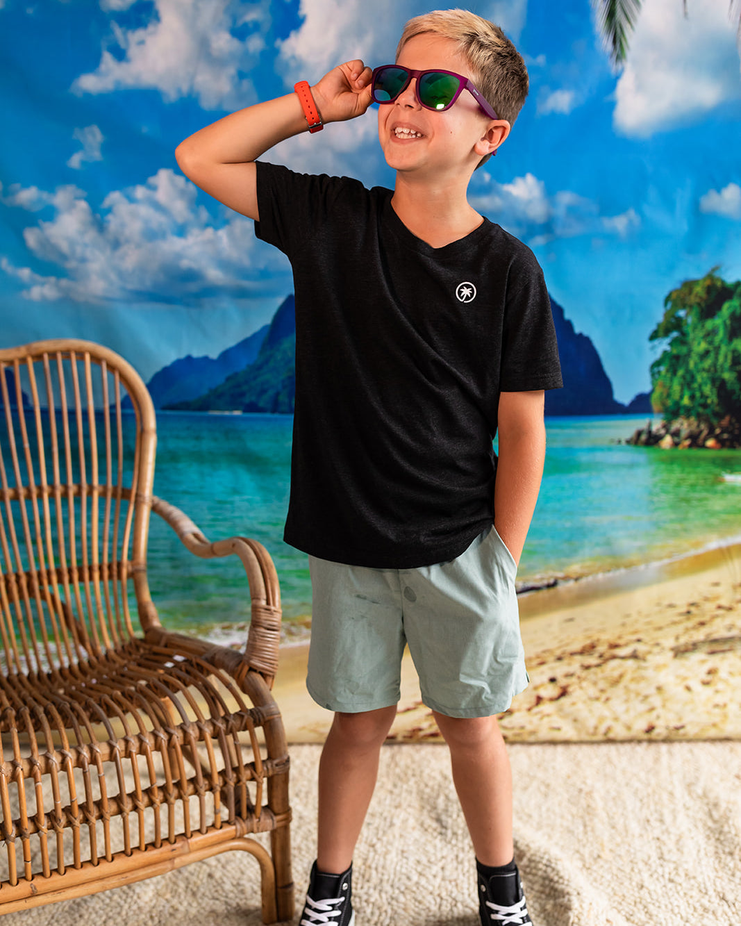 Palmr Style Kids Hyper Tee Shirt Charcoal Triblend Soft Short Sleeve Palm Tree Resort wear Self-Care