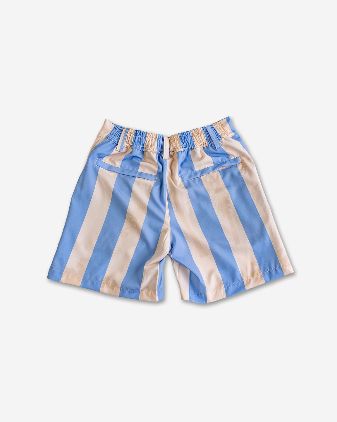 Blue and beige striped shorts on a light gray background